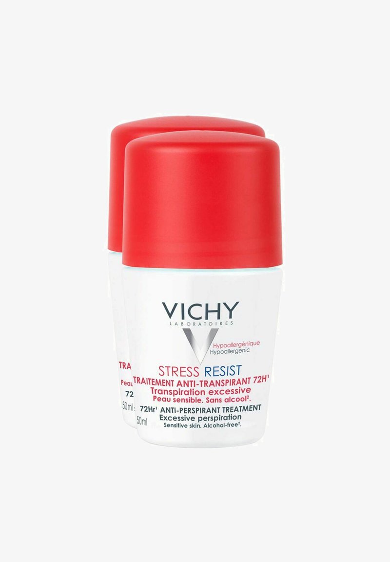 Vichy Stress Resist anti-perspirant; two cylindrical white bottles with red caps, labeled in multiple languages, 50ml each, alcohol-free.
