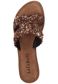 Brown slide sandal featuring a textured upper adorned with multicolored beads and stones, and a smooth leather insole with visible stitching.