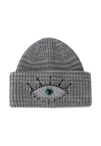 Grijze gebreide beanie met een omslag, voorzien van een decoratief oogontwerp versierd met meerkleurige strassstenen en zwarte beaddetails.