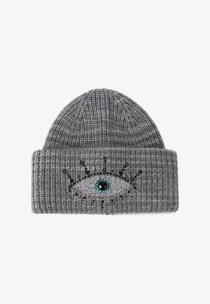 Berretto lavorato a maglia grigio con risvolto, caratterizzato da un design decorativo a forma di occhio adornato con strass multicolori e dettagli in perline nere.
