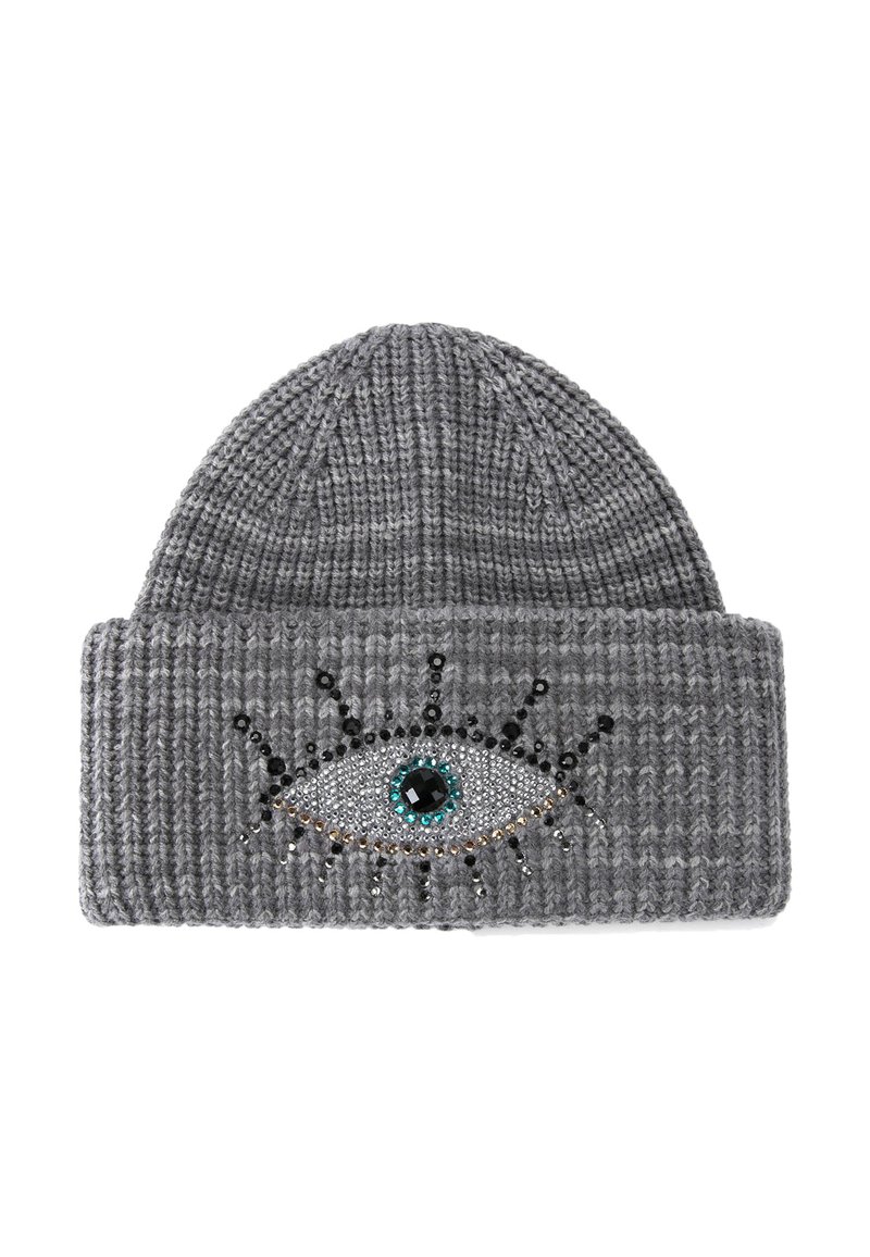 Grijze gebreide beanie met een omslag, voorzien van een decoratief oogontwerp versierd met meerkleurige strassstenen en zwarte beaddetails.