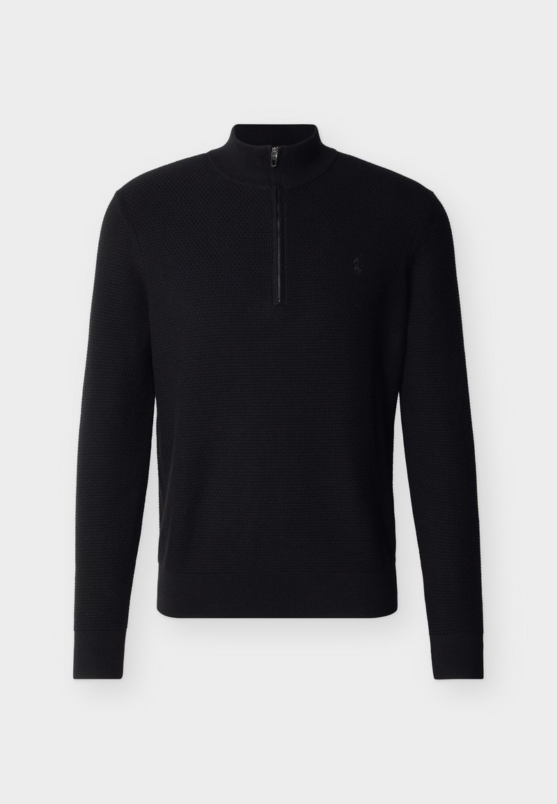 Pull-over texturé noir à manches longues avec fermeture éclair au quart et poignets et ourlet côtelés, présenté sur un fond gris clair uni.