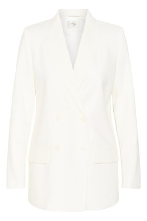 Λευκό σακάκι διπλής breasted με notch γιακάδες, μακριά μανίκια, εμπρόσθιες τσέπες με καπάκι και τέσσερα εμφανή κουμπιά.