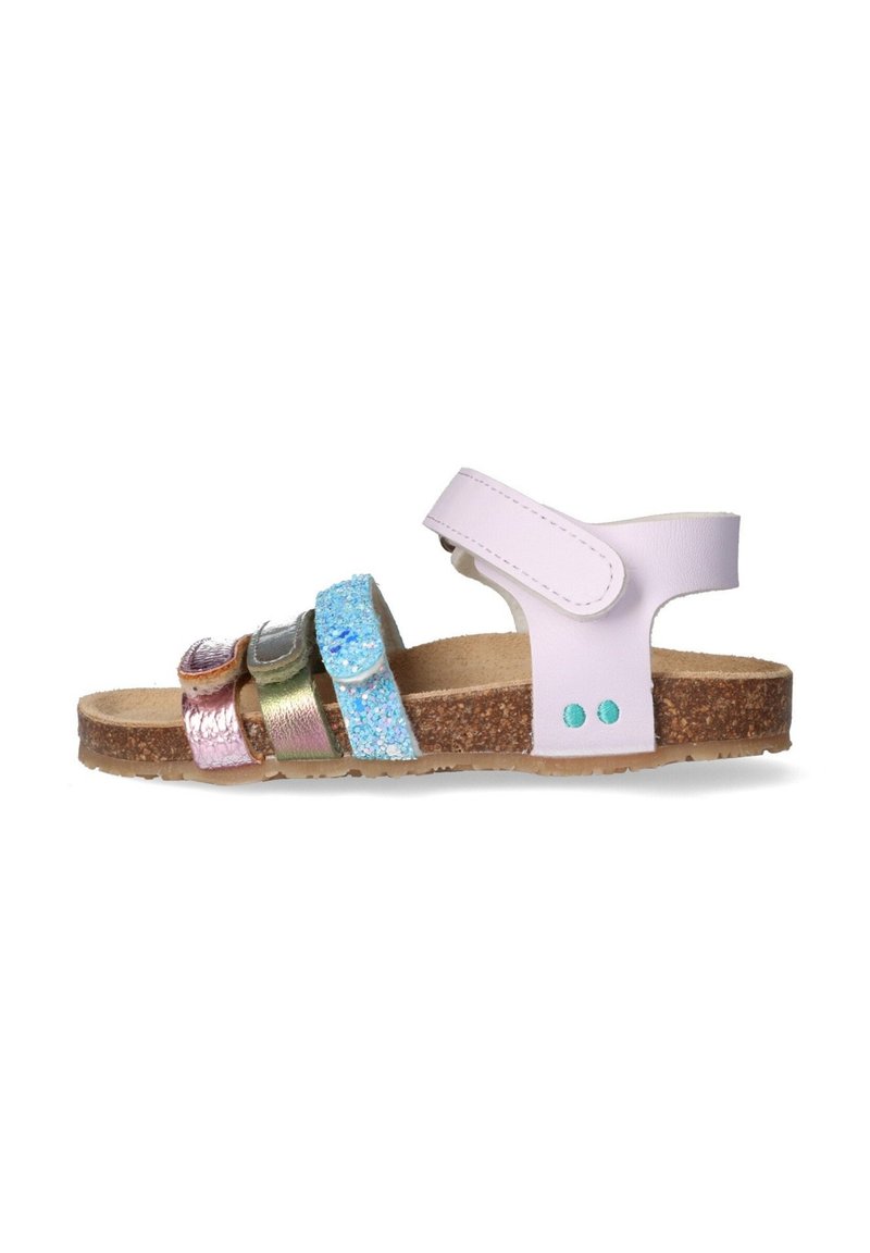Farverige børnesandal med multicolor glitter og metalliske stropper, justerbar ankelstrop, korkfodbed og lyserøde accenter.