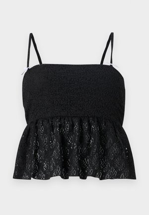 Schwarzes Spitzen-Peplum-Top mit dünnen, verstellbaren Trägern, das ein strukturiertes floral Muster und einen ausgestellten Saum aufweist. Glatte Fütterung ist darunter sichtbar.