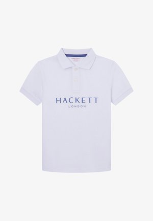Camisa polo blanca con cuello, presenta una tapeta de dos botones y el logo azul "HACKETT LONDON" en el frente. Textura de algodón suave.