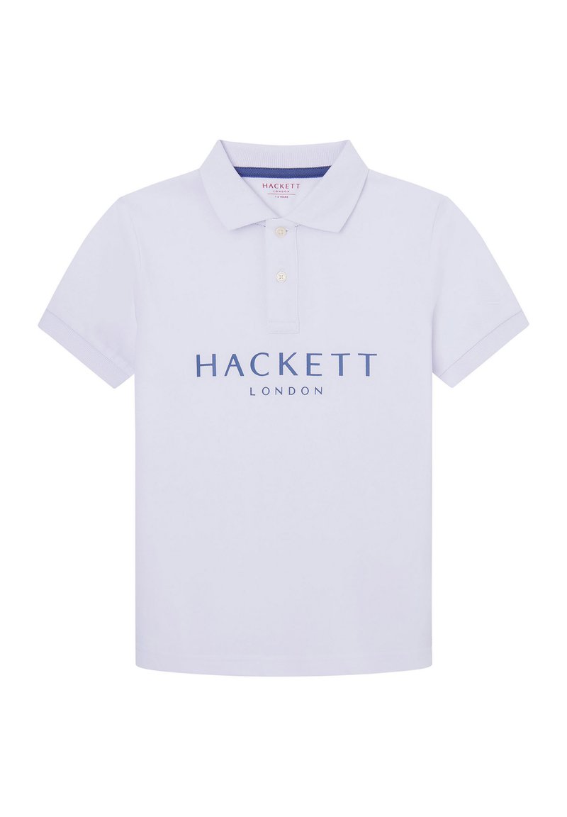 Camisa polo blanca con cuello, presenta una tapeta de dos botones y el logo azul "HACKETT LONDON" en el frente. Textura de algodón suave.
