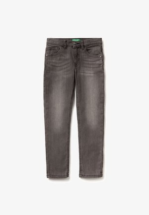 Jeans de mezclilla gris con corte slim, que cuentan con cinco bolsillos, una cinturilla con pasadores para cinturón y un ligero desgaste para añadir textura.