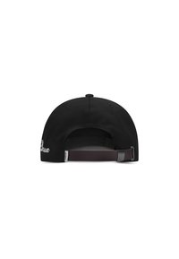 Black cap with a plain texture, adjustable strap at the back, and embroidered white logo above the strap.