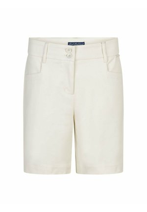 Beige short met hoge taille, twee knopen aan de voorkant, riemlussen en zijzakken, afgebeeld tegen een witte achtergrond.