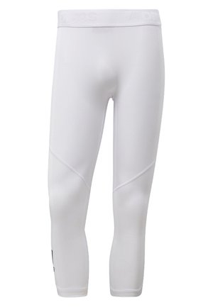 Weiße, enganliegende Sportleggings mit 3/4-Länge, Nahtdetails an den Knien und einem breiten Bund mit dezent geprägt gesetztem Markenlogo.