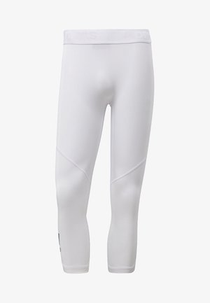 Weiße, enganliegende Sportleggings mit 3/4-Länge, Nahtdetails an den Knien und einem breiten Bund mit dezent geprägt gesetztem Markenlogo.
