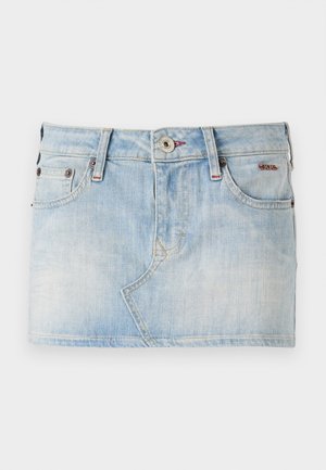 Hele sinine mini seelik, millel on kõrge talje, viie taskuga disain, eesmine nööbiga sulgemine ja nähtavad õmbluse detailid.