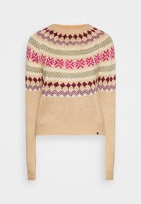 Beżowy sweter dzianinowy z okrągłym dekoltem, długimi rękawami oraz wzorzystymi pasami w kolorach różowym, zielonym, burgundowym i kremowym na klatce piersiowej i ramionach.