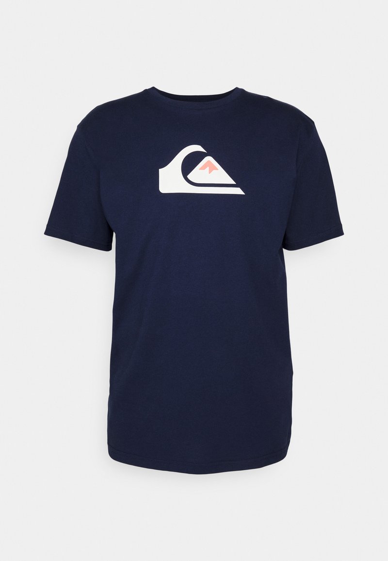 Navy blue cotton t-shirt featuring a large white and coral logo design, round neckline, and short sleeves with a relaxed fit.