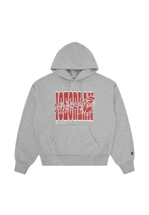 Lichtgrijze hoodie met voorzak, met grote rode tekst "ICECREAM" en een gestileerde mascotte die een ijsje vasthoudt op de borst.