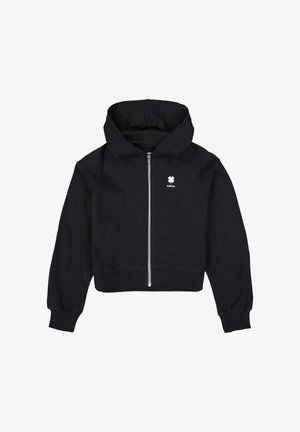 Sweat à capuche court noir en mélange de coton, doté d'une fermeture éclair à l'avant, d'une grande capuche, de manches raglan et d'un logo fleur blanche sur la poitrine.