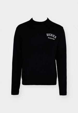 Czarny sweter z dzianiny, z okrągłym dekoltem, długimi rękawami i białym haftem słowa "DICKIES" po lewej stronie klatki piersiowej.