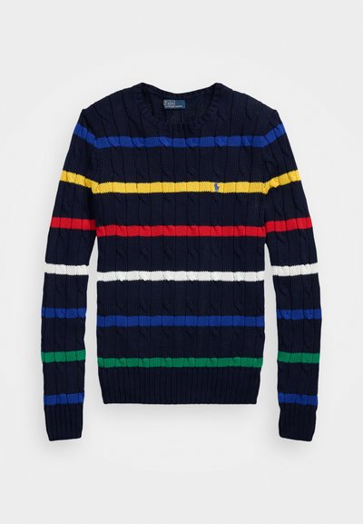 Sweater de malha em ponto canelado na cor azul-marinho, apresentando riscas horizontais em vermelho, amarelo, azul, branco e verde. Design de gola redonda com punhos e barra em canelado.