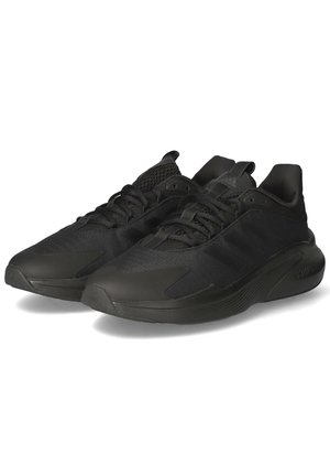 Black athletic shoes featuring a mesh upper, textured patterns, cushioned sole, and three-stripe branding on the sides.