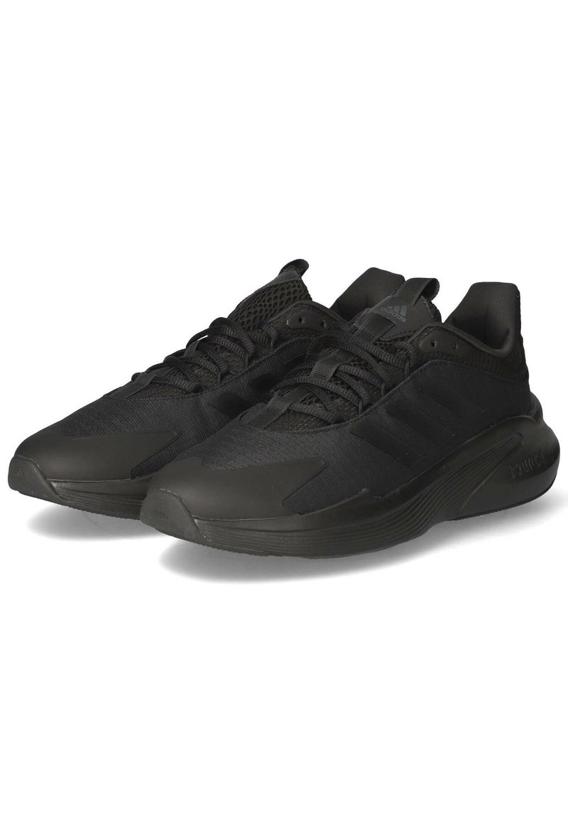 Black athletic shoes featuring a mesh upper, textured patterns, cushioned sole, and three-stripe branding on the sides.