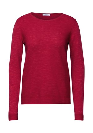 Chemise rouge à manches longues en tissu texturé, avec un col rond et des accents côtelés aux poignets et à l'ourlet. Présente un motif subtil.