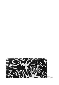 Black zip-around wallet with white graffiti-style text and paint splatters, showing the word "WATCH" prominently.