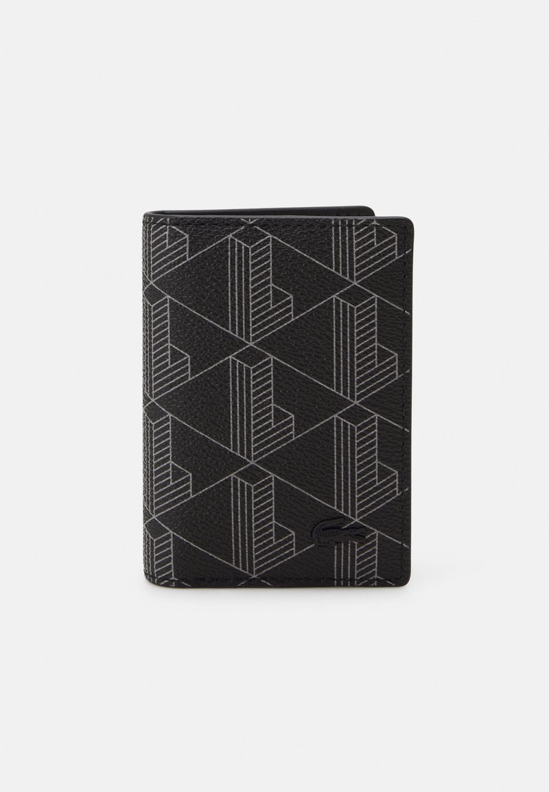 Portefeuille noir texturé avec un motif géométrique en lignes blanches. Il présente un design élégant et un logo discret dans le coin inférieur droit.