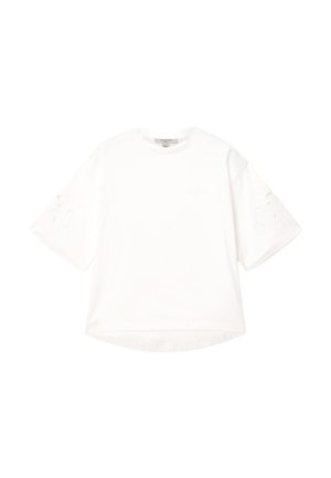 White oversized short-sleeve t-shirt with subtle textured floral cutouts on sleeves and a round neckline.