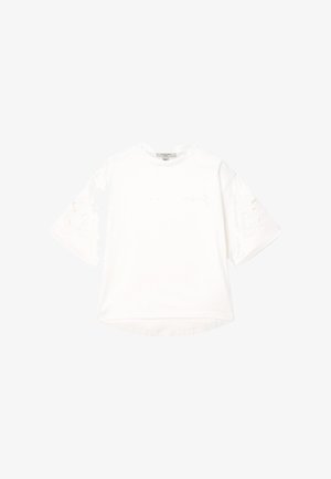 Witte oversized korte mouw t-shirt met subtiele, textuurvolle bloemmotieven als uitsnijdingen op de mouwen en een ronde hals.