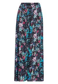 Floral printed wide-leg pants in lightweight fabric. Black background with vibrant pink, blue, and green tropical motifs. Drawstring waistband.