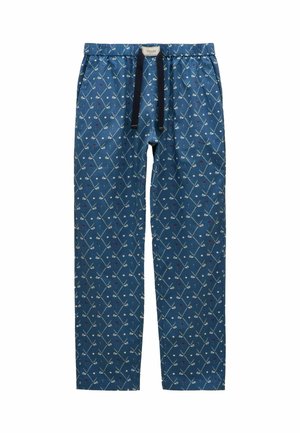 Blaue Schlafanzughose mit einem Golf-Thema-Muster, das weiße Golfschläger, Fahnen und Bälle zeigt. Elastischer Bund mit Kordelzug.