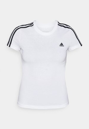 Camiseta blanca de manga corta con detalles de tres franjas negras en los hombros y un logo negro en el lado izquierdo del pecho. Fabricada en una tela suave y transpirable.