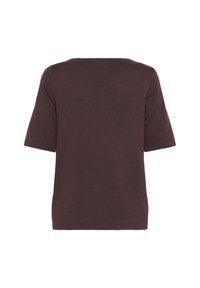 Mørkebrun strikket top med korte ærmer, en bred halsudskæring og en afslappet pasform. Stoffets struktur fremstår glat og let.