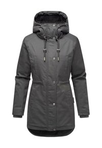 Manteau d'hiver long gris foncé avec capuche, cordons de serrage réglables, boutons à pression, poches latérales et doublure en polaire visible à l'intérieur de la capuche.