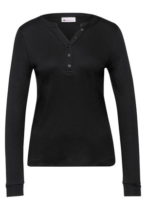 Černé tričko Henley s dlouhým rukávem, kulatým výstřihem a čtyřmi knoflíky na předním dílu, střih na tělo, jednobarevná pletená látka.