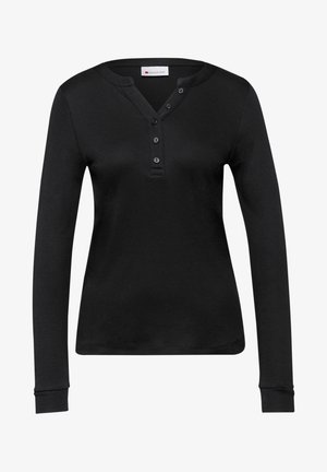 Černé tričko Henley s dlouhým rukávem, kulatým výstřihem a čtyřmi knoflíky na předním dílu, střih na tělo, jednobarevná pletená látka.