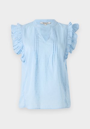 Light blue blouse with ruffled sleeves, featuring a V-neck, textured pattern, and pintuck details along the front. Crafted from soft fabric.