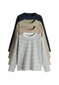 Four long-sleeve crewneck shirts stacked; front striped white and black, followed by beige, olive green, and black solid colors.