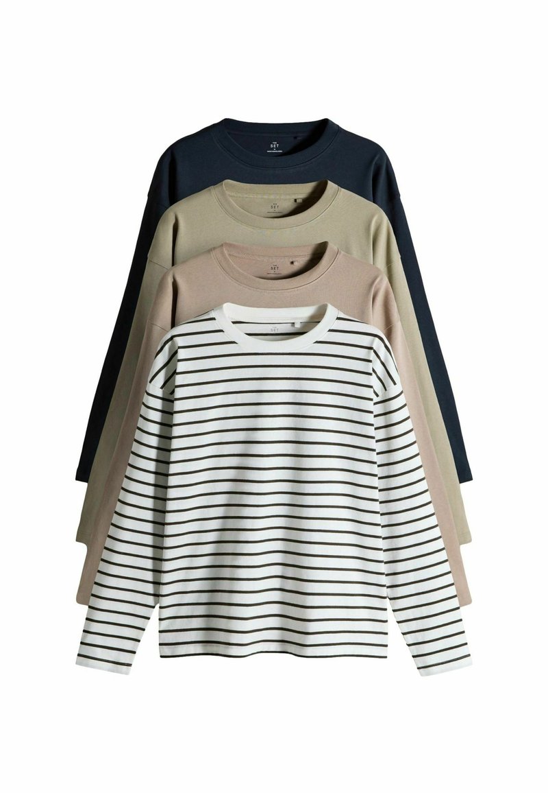 Neljä pitkähihasta crewneck-paitaa pinottuna; edessä raidallinen valkoinen ja musta, jonka jälkeen beige, oliivinvihreä ja musta yksivärinen.