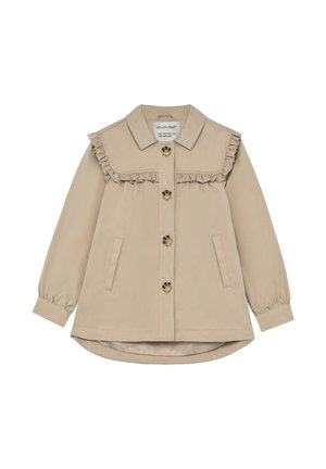 Veste beige avec un col à volants, des boutons sur le devant et deux poches latérales. Manches longues avec poignets élastiques, confectionnée dans un tissu lisse.