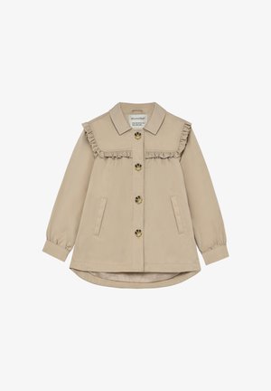 Chaqueta beige con cuello fruncido, botones delanteros y dos bolsillos laterales. Mangas largas con puños elásticos, confeccionada en tejido suave.