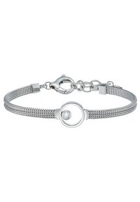 Silbernes Mesh-Armband mit einem runden Anhänger, der einen zentralen klaren Stein enthält, abgeschlossen mit einem Karabinerverschluss und einer verstellbaren Kette.