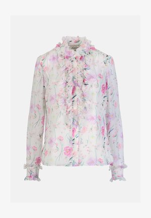 Blusa larga de manga larga transparente con estampado floral en rosa y púrpura, cuello con volantes, cierre frontal con botones y puños con volantes y pequeños lazos.