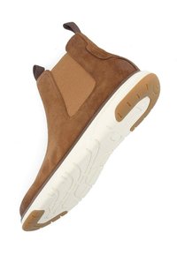 Bottine en nubuck marron avec des panneaux latéraux élastiques, une languette et une semelle en caoutchouc blanc avec des accents texturés et une semelle en gomme.