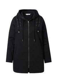 Felpa con cappuccio nera con zip, dotata di dettagli in occhiello argentato e allacciature sulle spalle, realizzata in morbido cotone.