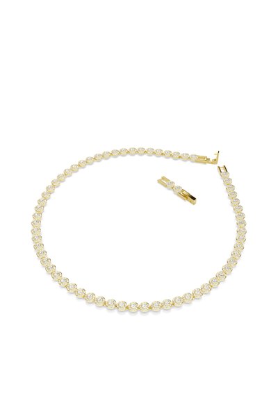 Collier en métal doré présentant une série de cristaux ronds et scintillants, montés sur un design lisse et relié, avec une fermeture à clapet sécurisée.