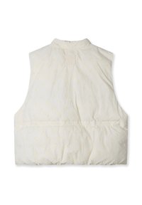 Hellbeige gesteppte Weste mit hohem Kragen, versehen mit einem dezenten, durchgehenden Logo-Muster, elastischer Taille und ohne Ärmel.