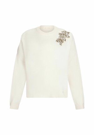 Maglione bianco lavorato a maglia con scollatura rotonda, maniche lunghe e un motivo testurizzato. Presenta una decorazione in cristallo argento.