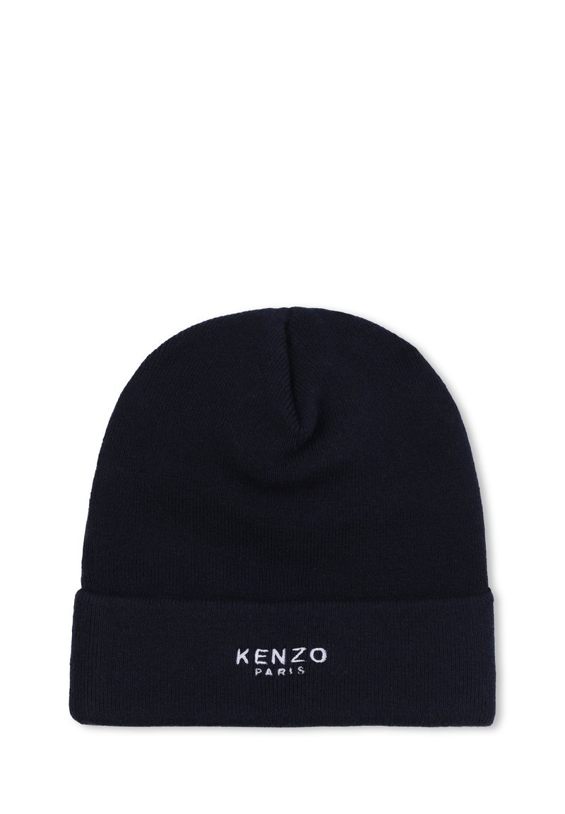 Bonnet en maille bleu marine avec un revers. Présente le logo brodé "KENZO PARIS" en blanc à l'avant. Texture douce, ajustement confortable.